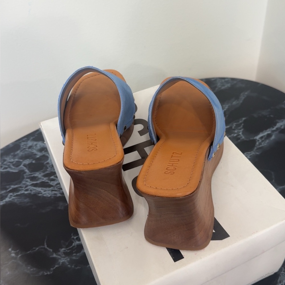 Schutz Blue Suede Wedge Heel Clog Sandals Lanneh Women's Size 8 AUTHENTIC NEW - Picture 3 of 9